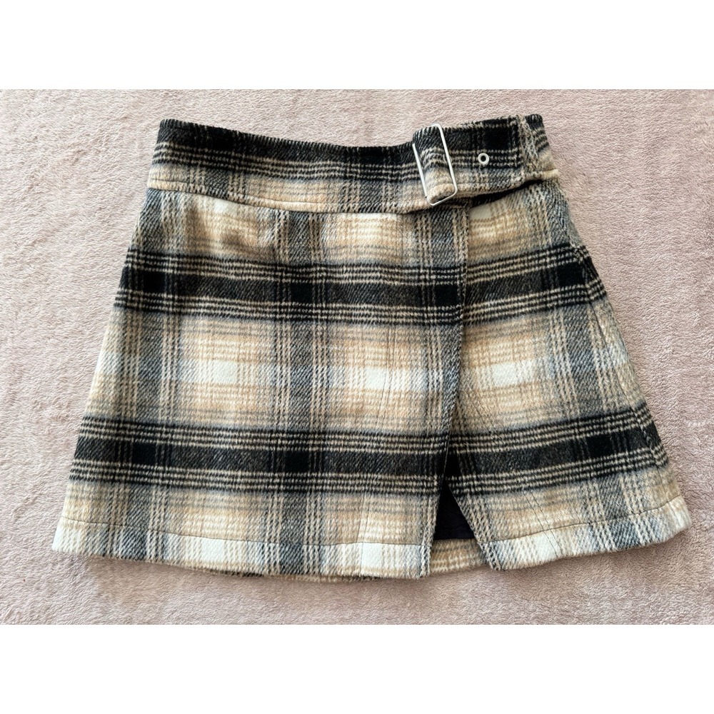Free People Women's Ari Wrap Skirt Beige Black Plaid Mini Belted‎ Wool Size 2